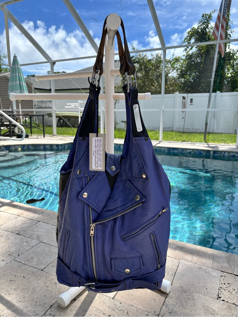 Huge Custom Tote Handcrafted from Purple Leather Moto Jacket w/Vintage Hardware